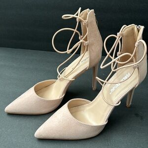NIB- Public Desire Blush Suede Criss Cross Tie Heeled Shoes Size 8